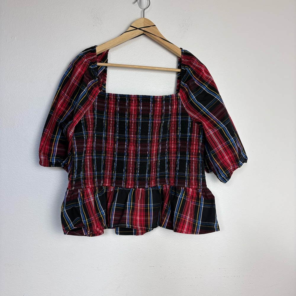 Draper James RSVP Elbow Sleeve Smocked Peplum Top Red‎ Plaid Size XXL